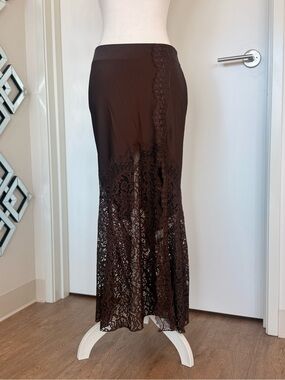 Elegant Brown Lace-Trim Maxi Skirt